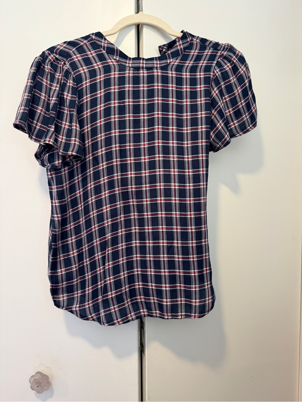 LOFT Navy Red & White Plaid Short Sleeve Blouse